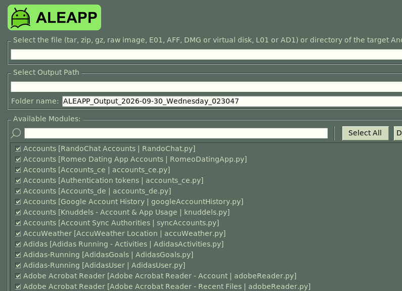 Screenshot of ALEAPP