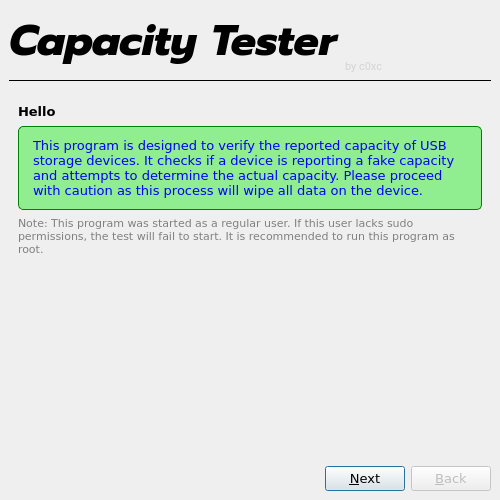 Screenshot of CapacityTester