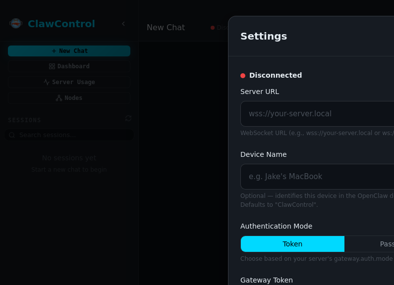 Screenshot of ClawControl