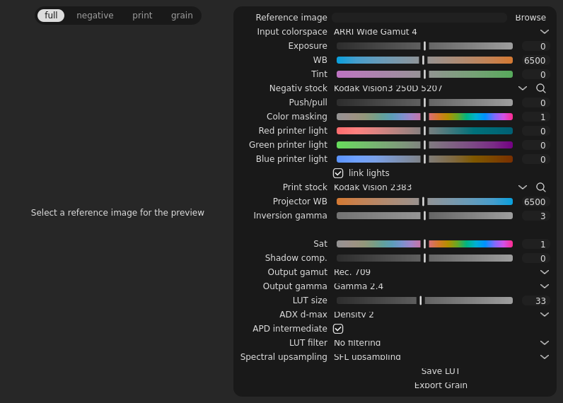 Screenshot of SpectralFilmLUT